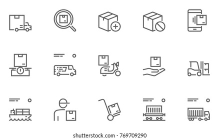 Set of Logistics, Delivery, Transportation Line Icons with Courier, Shipping, Van, Freight Transportation and more. Editable Stroke. 48x48 Pixel Perfect.