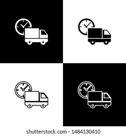 Set Logistics delivery truck and clock icon isolated on black and white background. Delivery time icon.  Vector Illustration