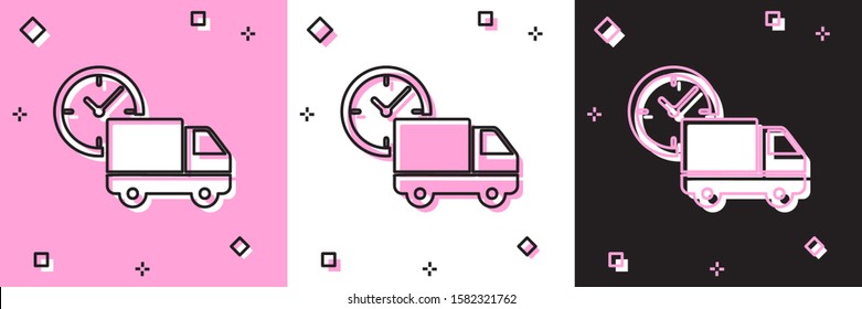 Set Logistics delivery truck and clock icon isolated on pink and white, black background. Delivery time icon.  Vector Illustration