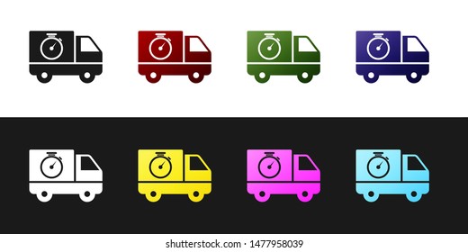 Set Logistics delivery truck and stopwatch icon isolated on black and white background. Delivery time icon.  Vector Illustration