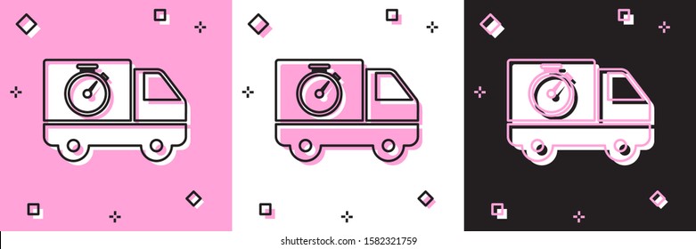 Set Logistics delivery truck and stopwatch icon isolated on pink and white, black background. Delivery time icon.  Vector Illustration