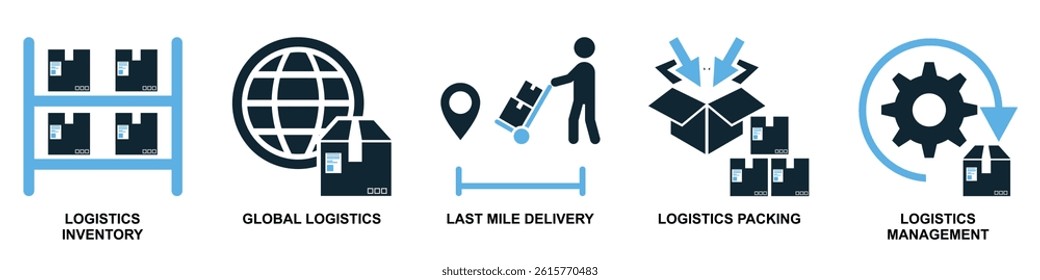 Set of logistics icon vector for comprehensive supply chain, transportation, and distribution elements. Ideal for export import, global trade, and logistics operations illustration.