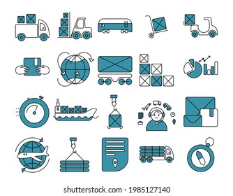 Conjunto de iconos logísticos con fondo azul. Entrega de puerta a puerta, a tiempo, servicio al cliente, entrega de tuberías, carga, camión, ferrocarril, buque, entrega de aire, en todo el mundo, informe, etc. Iconos del contorno del vector