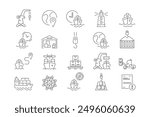 A set of logistics icons for maritime transport. A set of editable stroke icons such as shipping by sea, containers, transshipment at the port, documentation. The supply chain