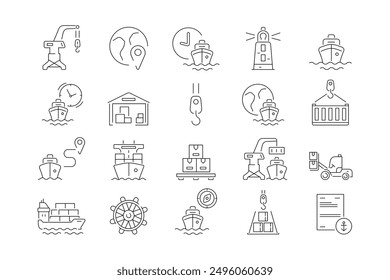 A set of logistics icons for maritime transport. A set of editable stroke icons such as shipping by sea, containers, transshipment at the port, documentation. The supply chain