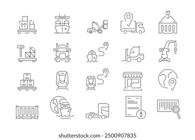 Eine Reihe von Logistiksymbolen, die Prozesse wie das Wägen von Fracht, den Gabelstaplerbetrieb und die Schiffsroute widerspiegeln. Züge, Zustellung, Frachtbrief, Frachtbrief
