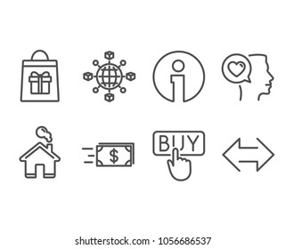 Set of Logistics network, Holidays shopping and Money transfer icons. Romantic talk, Buying and Sync signs. International tracking, Gifts bag, Cash delivery. Vector