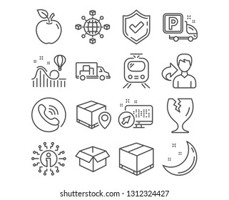 Set of Logistics network, Parcel tracking and Opened box icons. Truck parking, Delivery box and Train signs. Roller coaster, Truck transport and Fragile package symbols. Vector
