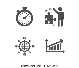 Set of Logistics network, Timer and Strategy icons. Chart sign. International tracking, Stopwatch gadget, Business plan. Presentation chart.  Classic design logistics network icon. Flat design. Vector