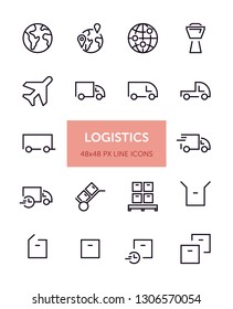 Set of Logistics related vector line icons. Contains icons such as Parcel, Transport, Truck, Airplane and more. 48x48px with editable stroke. 