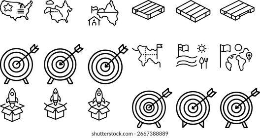A set of logistics and targeting icons featuring a map, pallet, target, and rocket. These icons are perfect for illustrating concepts such as global reach.
