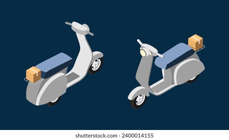 Set of logistics vehicles. 3D icon and stickers with motorcycle or moped for delivering boxes with orders or parcels. Courier transport. Cartoon isometric vector collection isolated on blue background