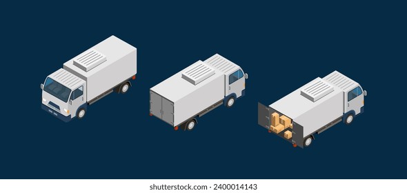 Set of logistics vehicles. 3D icons with small truck for delivering parcels, importing and exporting goods. Transport for shipping. Cartoon isometric vector collection isolated on blue background