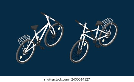 Set of logistics vehicles. Eco friendly transport for delivering orders or parcels. Front and back view of courier bicycle. Cartoon isometric vector collection isolated on blue background