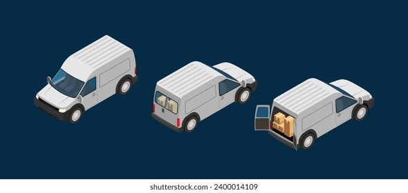 Set of logistics vehicles. Sticker with minivan for delivering light loads, box with orders or parcels. 3D icon with courier transport. Cartoon isometric vector collection isolated on blue background
