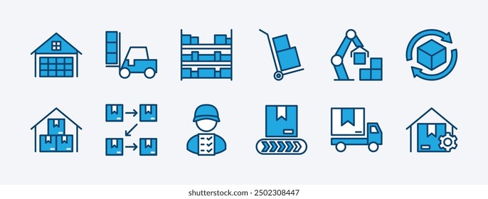 Conjunto de icono de almacén de logística. Contiene almacén, stock, almacenamiento de paquetes, máquina, proceso, camión de carga, mensajería, paso y productividad, carretilla elevadora, carga, camión, movimiento. Ilustración vectorial