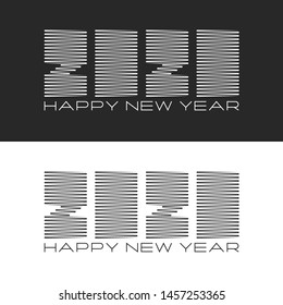 Set Logo 2020 number and text Happy New Year black and white colors, zig zag thin lines minimalist style linear emblem, design element for typography greeting card, calendar cover, poster or banner