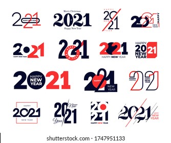 Set of logo 2021 Happy New Year signs. Big collection of 2021 Happy New Year symbols. Greeting card artwork, brochure template. Vector illustration with holiday labels isolated on white background.