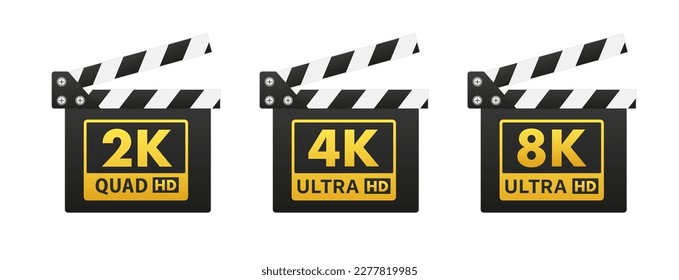 Set Logo 4K Ultra HD, 8k, 2k Quad HD. Filmklapper und Filmqualität. Fernsehqualität. Aufkleber-Symbol Flaches Design. Vektorgrafik