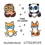 Set of logo Animals reads Book. Characters: panda, fox, cat, owl for education. Emblems on white background. Time to learn text and lettering phrase. Vector illustration