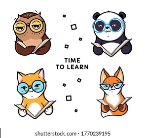 Set of logo Animals reads Book. Characters: panda, fox, cat, owl for education. Emblems on white background. Time to learn text and lettering phrase. Vector illustration