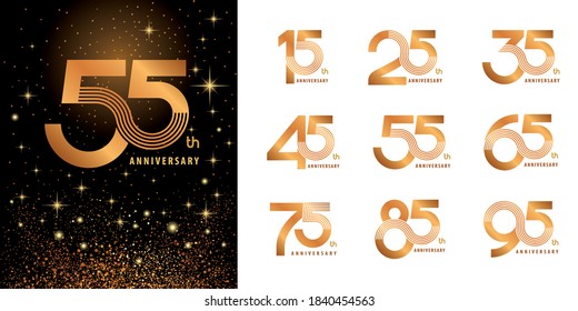 Set of Logo Anniversary logotype design, Celebrate Anniversary Logo multiple line for Congratulation celebration event, invitation, greeting, Abstract 15 25 35 45 55 65 75 85 95 silver and golden logo