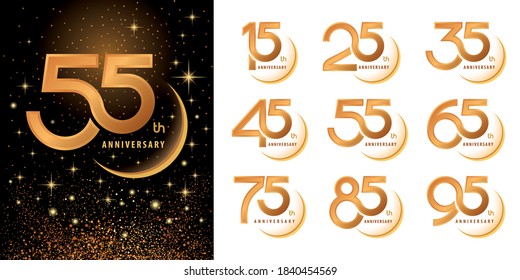 Set of Logo Anniversary logotype design, Celebrate Anniversary Logo border for Congratulation celebration event, invitation, greeting, Abstract 15 25 35 45 55 65 75 85 95 silver and golden logo