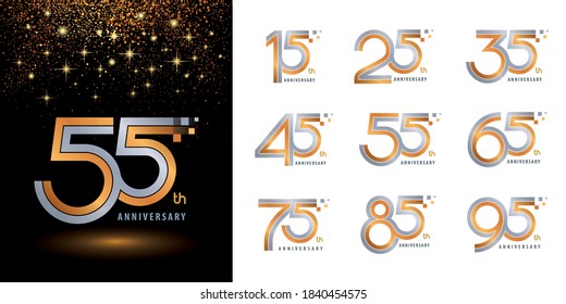 Set of Logo Anniversary logotype design, Celebrate Anniversary Logo two tone for Congratulation celebration event, invitation, greeting, Abstract 15 25 35 45 55 65 75 85 95 silver and golden logo