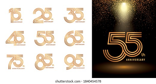 Set of Logo Anniversary logotype design, Celebrate Anniversary Logo third line for Congratulation celebration event, invitation, greeting, Abstract 15 25 35 45 55 65 75 85 95 silver and golden logo