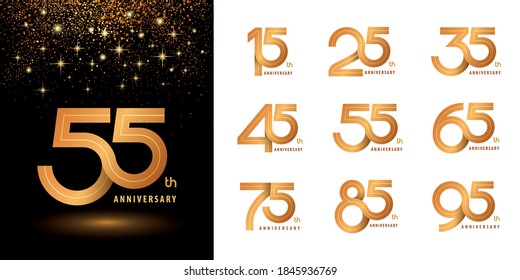 Set of Logo Anniversary logotype design, Celebrate Anniversary Logo number for Congratulation celebration event, invitation, greeting, Abstract 15 25 35 45 55 65 75 85 95 silver and golden logo