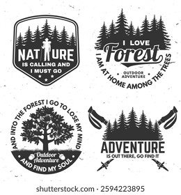 Set of logo, badge design with inspirational adventure quotes. Concept for shirt or logo, print, stamp or tee with oak leaf and acorns, pin forest, coffee or tea mug, hiking poles. Vector illustration