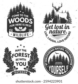 Set of logo, badge design with inspirational adventure quotes. Concept for shirt or logo, print, stamp or tee with oak leaf and acorns, pin forest, deer. Vector.