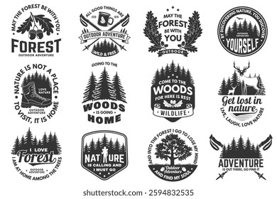 Set of logo, badge design with inspirational adventure quotes. Concept for shirt or logo, print, stamp or tee with oak leaf and acorns, hiking boot, pin forest, coffee or tea mug, hiking poles. Vector