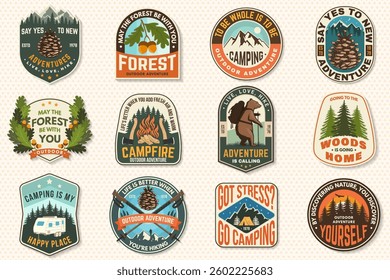 Set of logo, badge design with inspirational adventure quotes. Concept for shirt or logo, print, stamp or tee with oak leaf and acorns, pin forest, hiking poles, deer. Vector illustration.