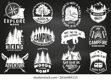 Set of logo, badge design with inspirational adventure quotes. Concept with oak and acorns, hiking boot, pin forest, hiker, campfire, hiking poles and mountain. Vector illustration.