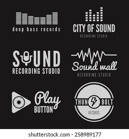 Set of logo, badge,label, sticker, emblem, print or logotype elements for sound recording studio, t-shirt or sound production 