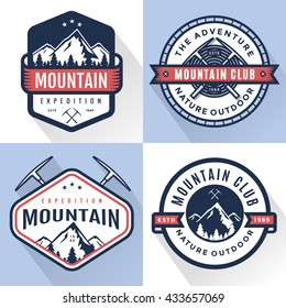 Set of logo, badges, banners, emblem for mountain, hiking, camping, expedition and outdoor adventure.  Exploring nature. Vector illustration.