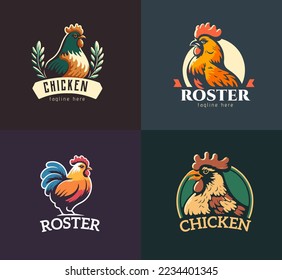Juego de insignias con logotipo Colección del logo de la galera de pollo en emblemas de estilo retro vintage. Ilustración del vector de diseño de logotipo premium.
