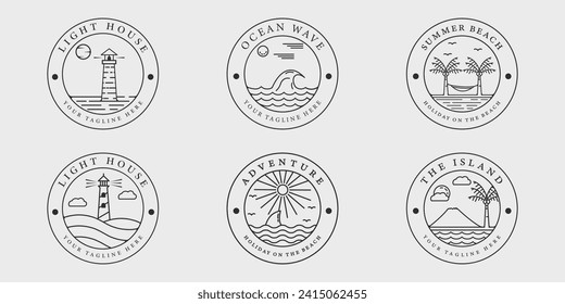 set logo beach or island badge line art vintage vector illustration template icon graphic design