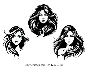 Set Logo beautiful woman with long wavy hair