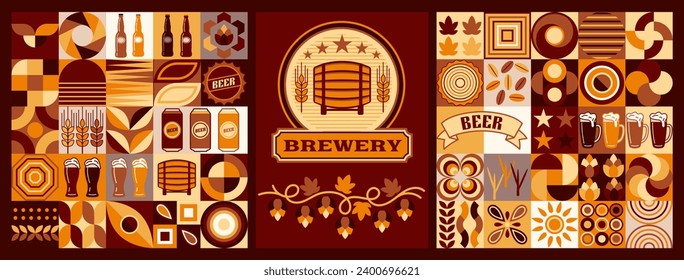 Set of logo, beer design elements in simple Bauhaus style. Icons, abstract geometric shapes. Good for branding, decoration of food package, cover design, decorative print, background.