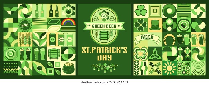 Set of logo, beer design elements in simple Bauhaus style for St Patricks Day. Icons, abstract geometric shapes. Good for branding, decoration of food package, cover design, decorative print