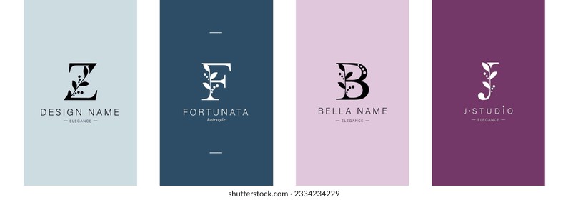 Set Logo of Botanical Minimalistic. capital letter  Z, F, B, J. Initial, Letter Feminine Logos with Organic Plant Elements. Vector design. for flower salon or business card