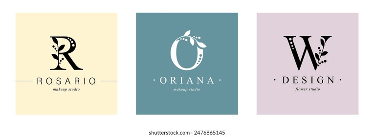 Set Logo of Botanical Minimalistic. capital letter R, O, W. Initial, Letter Feminine Logos with Organic Plant Elements. Vector design. for flower salon or tattoo studio.