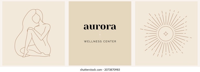 Conjunto de imágenes de plantilla de logotipo y elementos de marca en un estilo lineal simple y mínimo en color desnudo. Hermosa figura femenina, arte moderno femenino