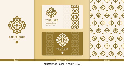 Set aus Logo, Visitenkarten und Muster. Kann für die Schönheits- und Modebranche verwendet werden. Ideal für Emblem, Monogramm, Einladung, Flyer, Menü, Hintergrund oder jede gewünschte Idee.