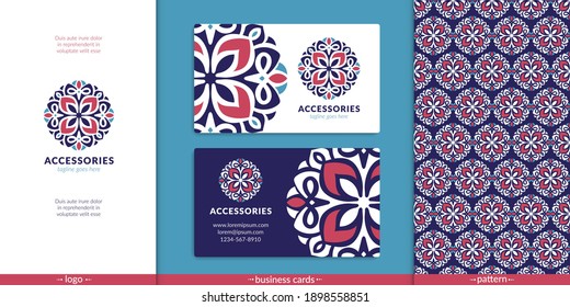 Set of logo, business cards and pattern. Can be used for beauty and fashion industry. Great for emblem, monogram, invitation, flyer, menu, background, or any desired idea.
