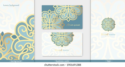 Conjunto de logotipo, tarjetas de visita y patrón. Se puede usar para la industria de la belleza y la moda. Ideal para emblema, monograma, invitación, volante, menú, fondo o cualquier idea deseada.