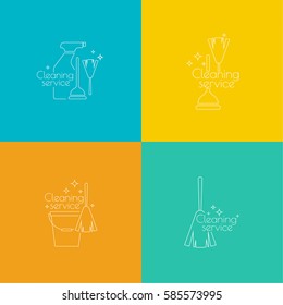 Set Logo cleaning service with broom and bucket plunge, spray bottle, scraper for washing windows. 