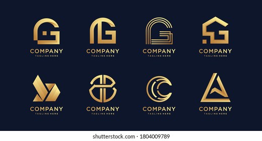 Colección de logotipos con letra inicial G, B, C, A y vector premium de estilo dorado